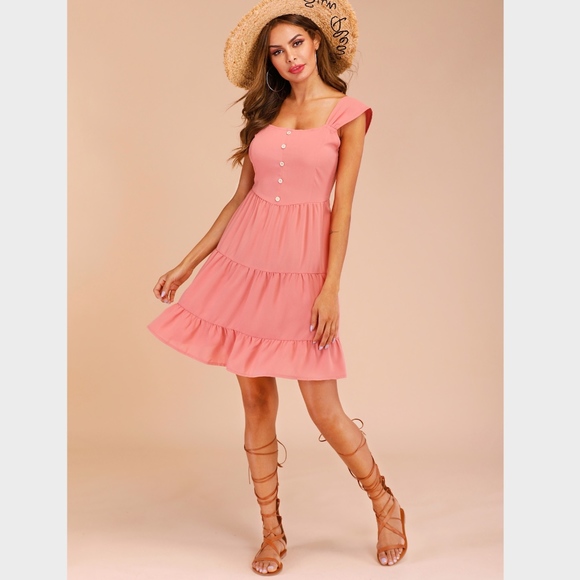 Button & Ruffle Detail Pink Mini Summer Dress - Picture 3 of 8